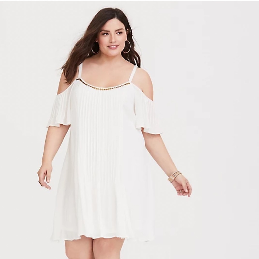 ivory gauze cold shoulder dress.